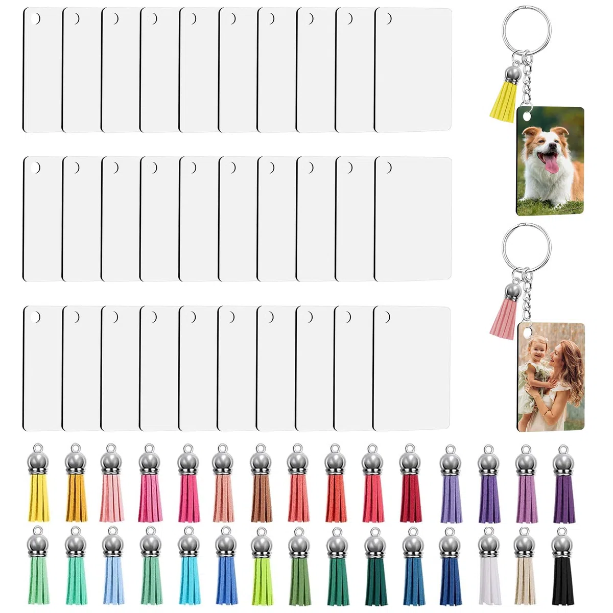 120pcs Portachiavi a Sublimazione Set, Trasferimento di Calore MDF Vuoto Rettangolare con Ciondolo Nappa, Sublimazione Bifacciale per Artigianato Personalizzato Fai da Te (Rettangolare)