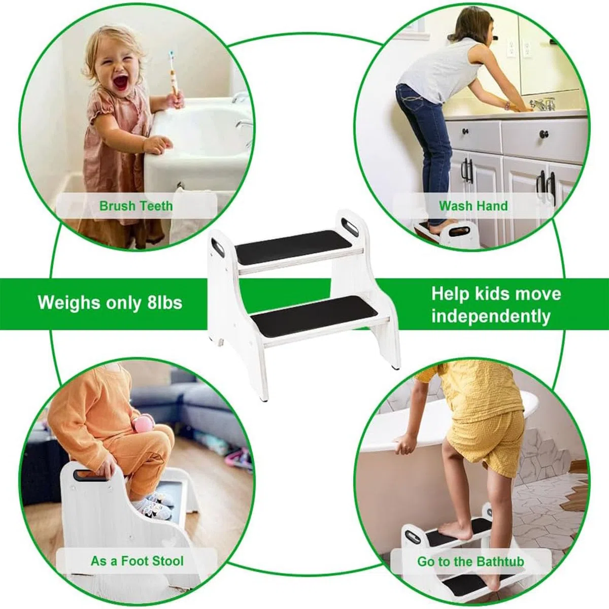 StrongTek Wood 2 Step Stool for Kids with Non-Slip Stepping Surface, Portable Handles, Skid Resistant Foot Pads, and 300 lbs. Capacity, Multipurpose Heavy-Duty Support (White)