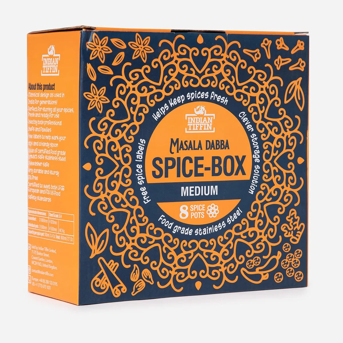 Indian-Tiffin Masala Dabba Contenitore Ermetico per Spezie - con Etichette per Spezie e Cucchiaio (Medio (18cm), coperchio trasparente, nessun coperchio sui vasi interni)