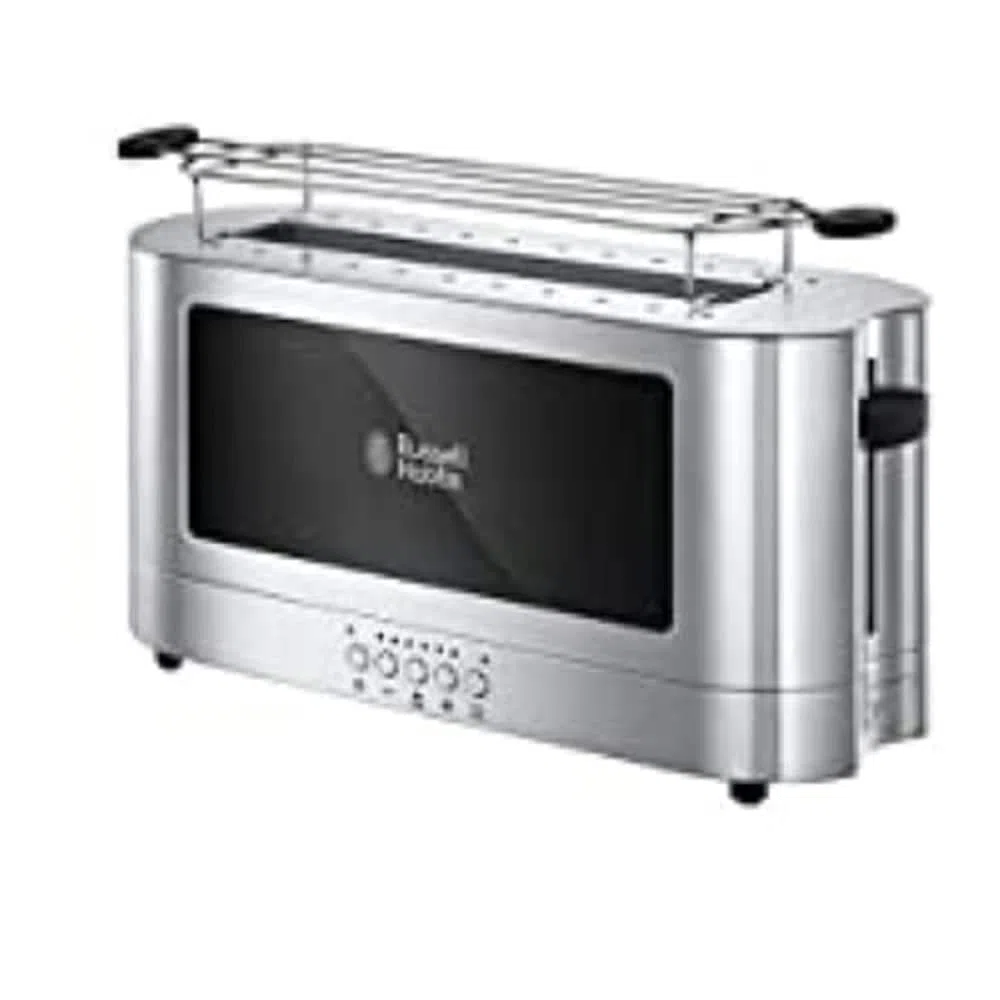 Russell Hobbs Tostapane Elegance 2 Fette o 1 Fettona 1420 W, Scomparto Extra Largo, 6 Livelli Doratura, Funzione Scongelamento, Vetro e Acciaio Inox – 20370-56