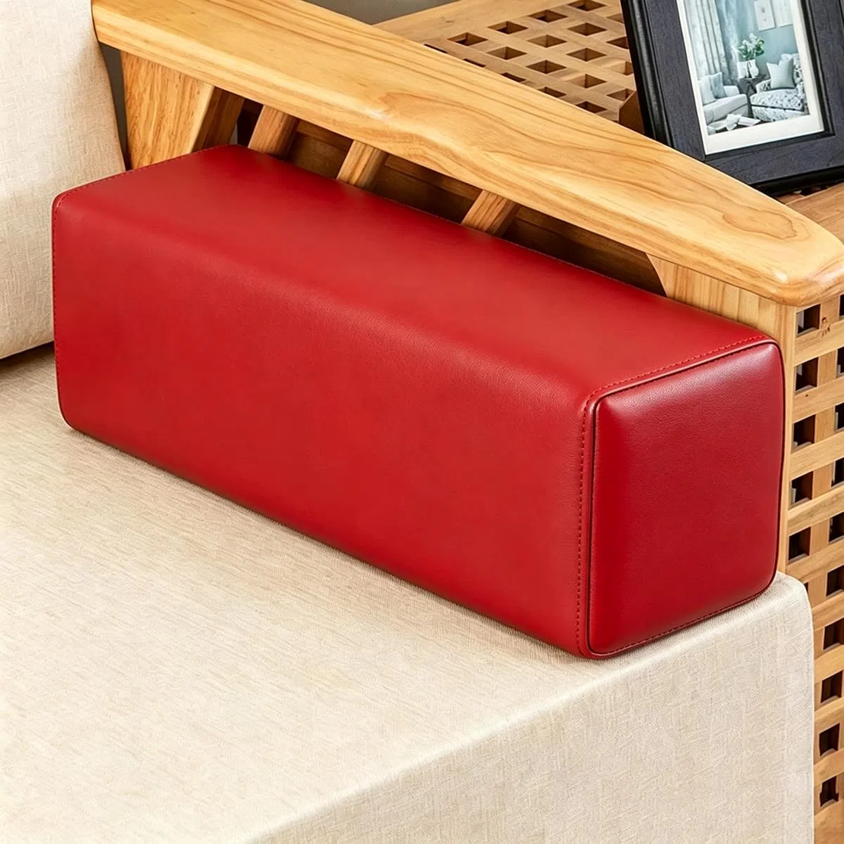 Cuscino cilindrico in similpelle, impermeabile, in schiuma, per braccioli, cuscino di supporto lombare, per divano, letto e poltrona, riempitivo per spazi vuoti (rosso, 20 x 20 x 50 cm)