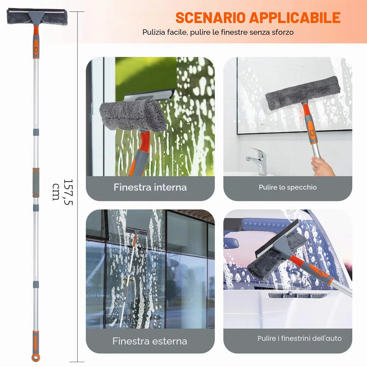 lavavetri professionale 2 in 1, con asta di prolunga, sistema di lavaggio per finestre, con testa pieghevole, strumento per la pulizia di finestre alte, per interni ed esterni