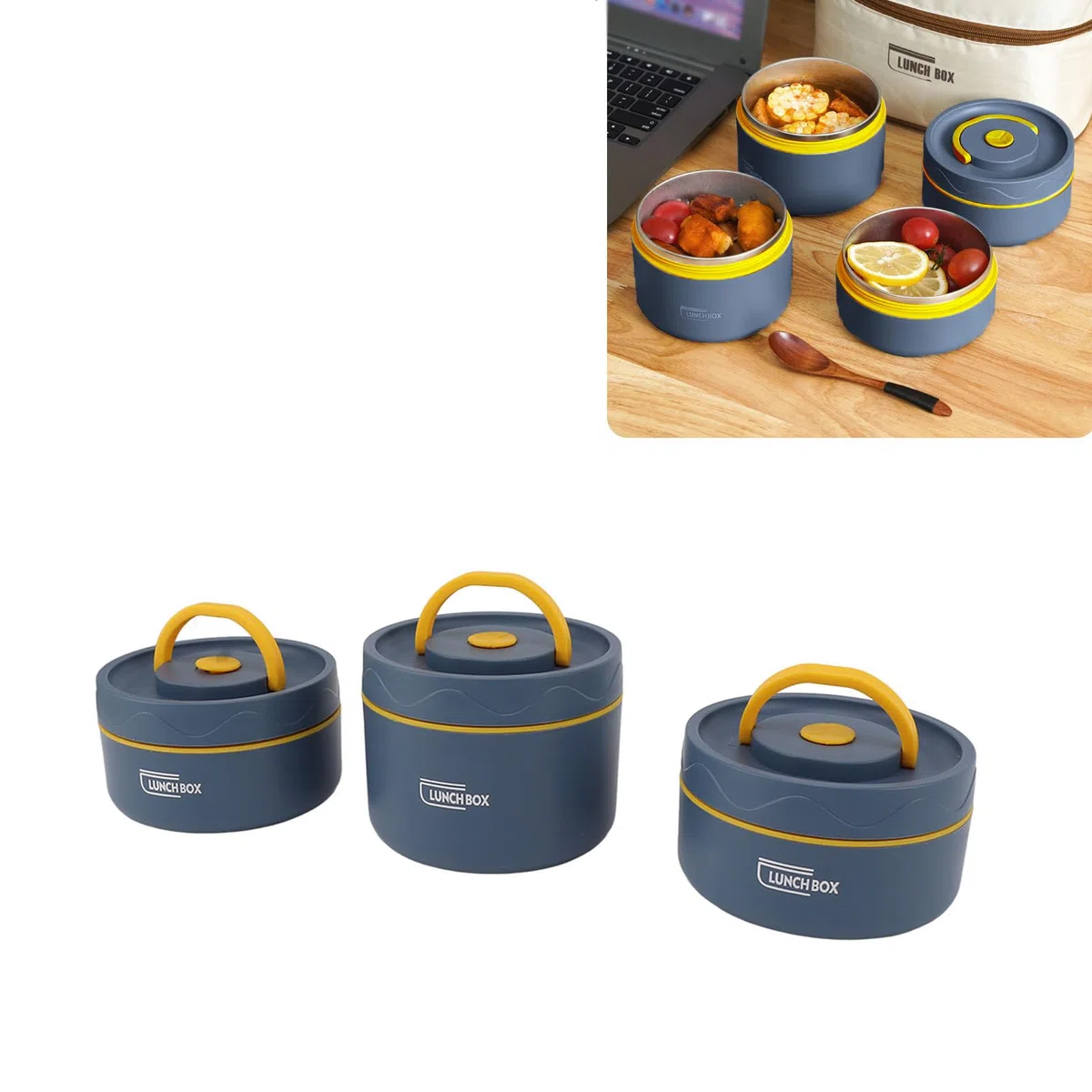 Lunch Box Rotondo in Acciaio Inossidabile con Coperchio, a Prova di Perdite, Grande capacità, Facile da Pulire, per Ufficio (3 Cassette Coibentate)