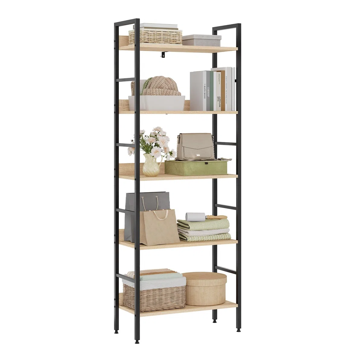 WOLTU Libreria Scaffale a 5 Livelli, Libreria Verticale Struttura in Metallo per Soggiorno/Camera da Letto/Studio, 60x27,5x160cm, Bianco + Rovere chiaro
