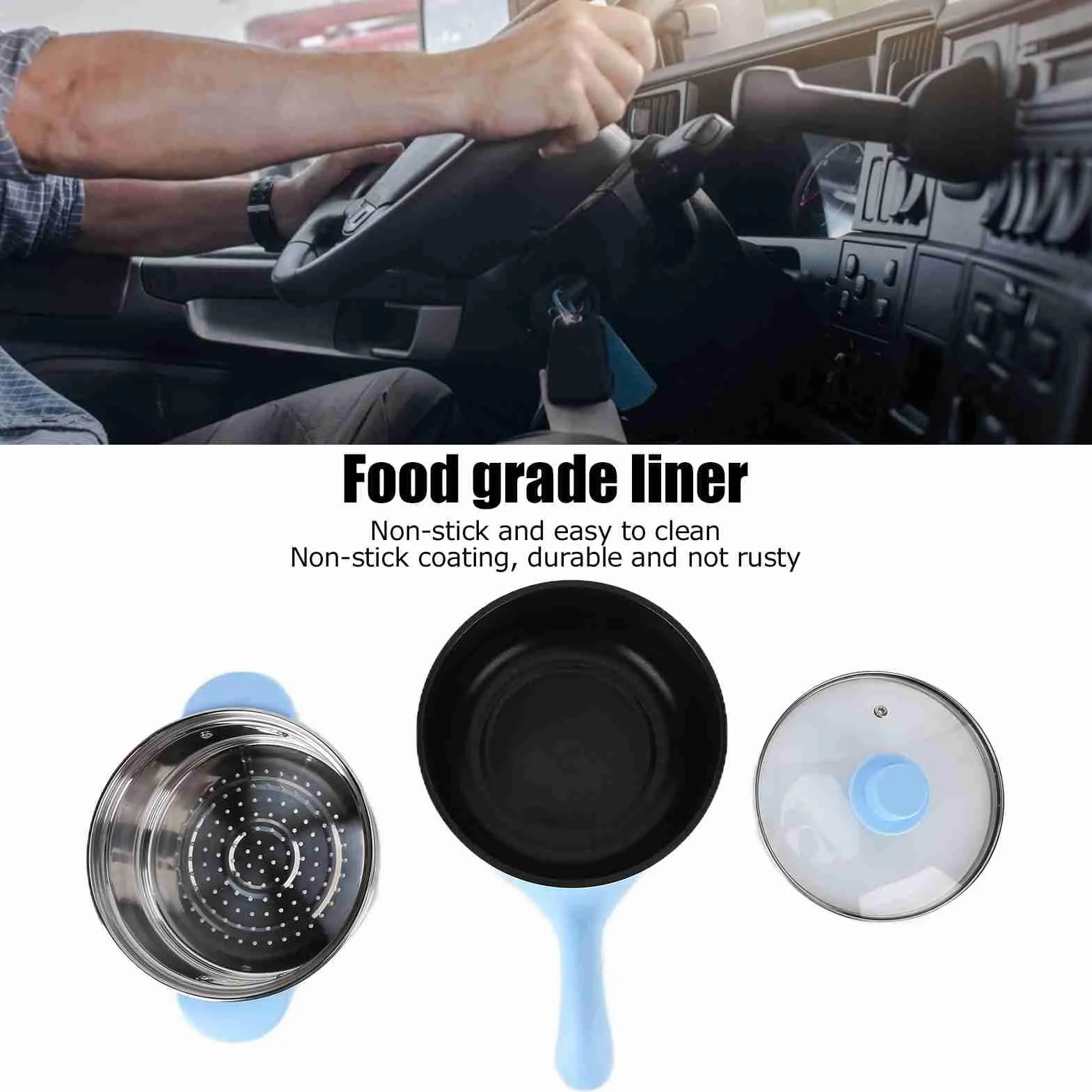 Pentola Elettrica per Auto 24V 2L Pentola Calda Mini Padella Antiaderente in Acciaio Inox con Coperchio per Pasta All' Tagliatelle(Padella elettrica 24V 2 litri celeste)