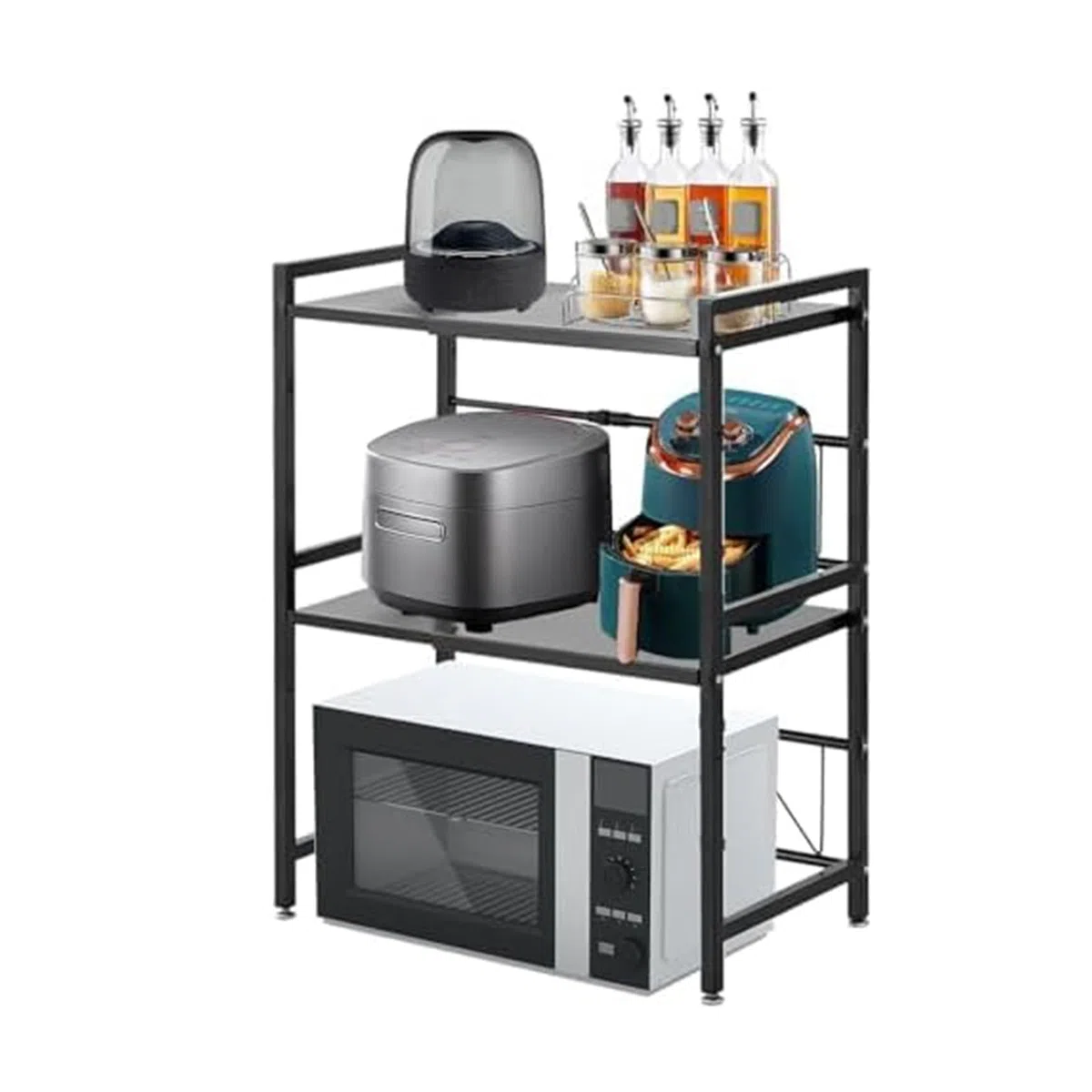 Scaffale a microonde a 2 livelli, larghezza regolabile, supporto per riporre il tostapane, scaffale cucina, allungabile da 40 a 63 cm, capacità di carico 75 kg (nero)