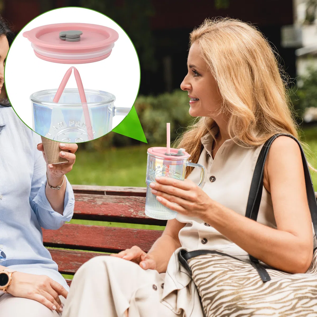 Joeyan 430 ml Iridescente Bicchieri con Cannuccia e Coperchi in Vetro,Tazza da Caffè Ghiacciata con Manico,Bubble Tea Tazza con Motivo,per Frappè Acqua Succhi,Set di 2