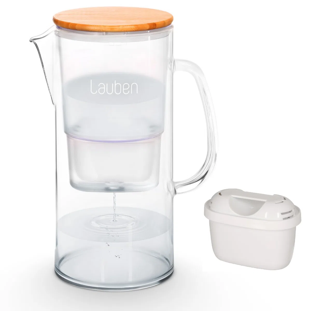 Lauben 32GW - Filtro d'acqua in vetro, capacità 3,2 l, vetro borosilicato, cartuccia inclusa, coperchio antibatterico in bambù, nessun retrogusto in plastica