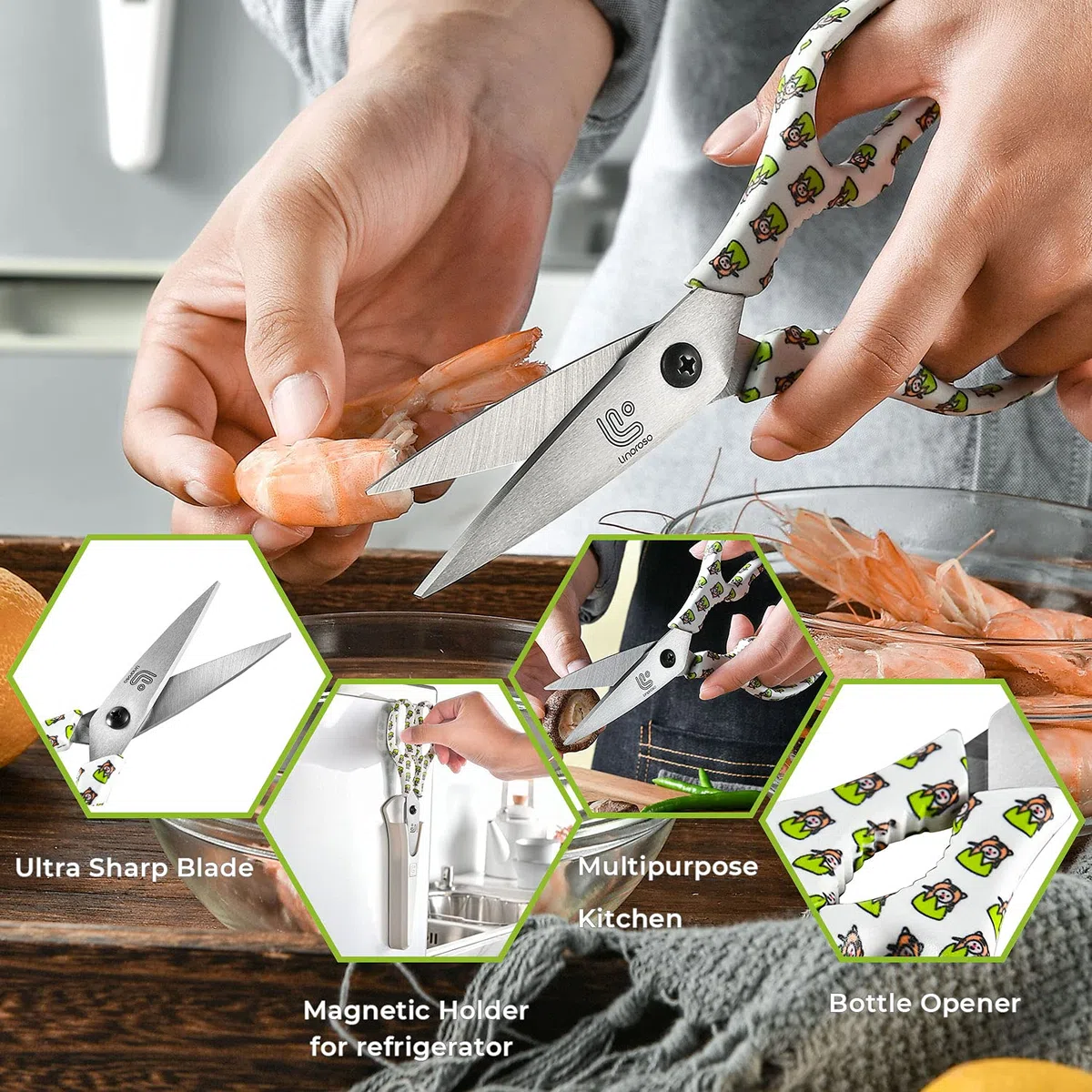 Linoroso Forbici da Cucina Professionali con Coperchio Magnetico Forbice da Cucina Affilate e Multiuso in Acciaio Inossidabile per Pizza Pollo Gamberetti Pesce Pollame Verdure Erbe Noci - Tigri