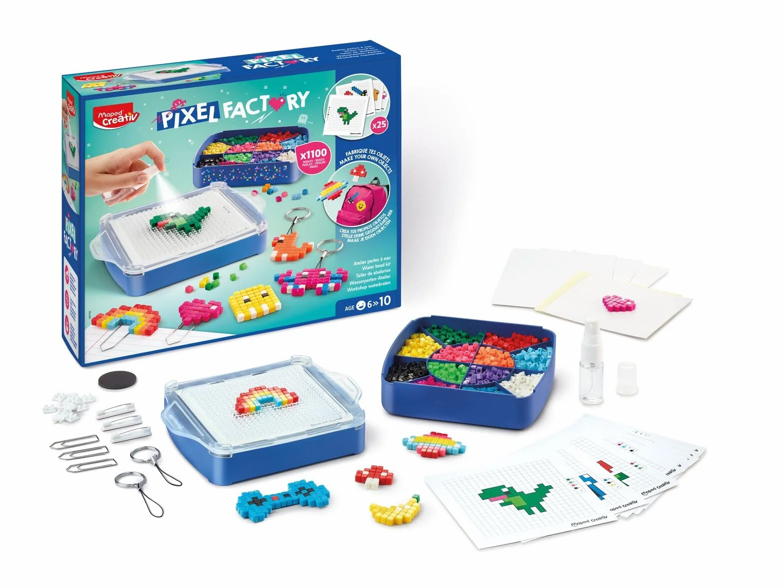 Maped Creativ Pixel Factory - Kit completo per creazione di oggetti in perle d'acqua in stile pixel art, modelli, perle d'acqua quadrate, griglia di creazione e accessori - attività manuale a partire