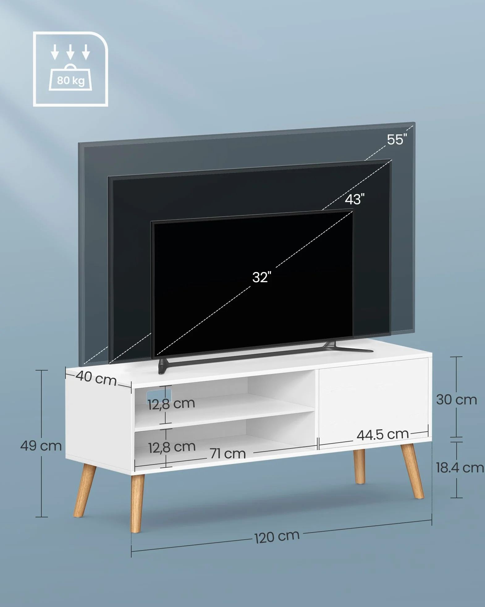 VASAGLE Mobile TV, Armadietto Stand TV, per TV fino a 55 Pollici, Porta TV Lungo 120 cm, Centro di Intrattenimento, Metà del Secolo Moderno per Soggiorno, Camera da Letto, Bianco LTV120T46