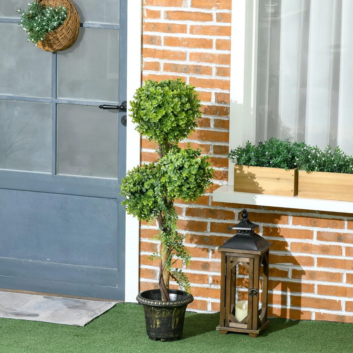 HOMCOM Pianta artificiale 3 palle di bosso con vaso in cemento, per interni ed esterni, altezza 115 cm