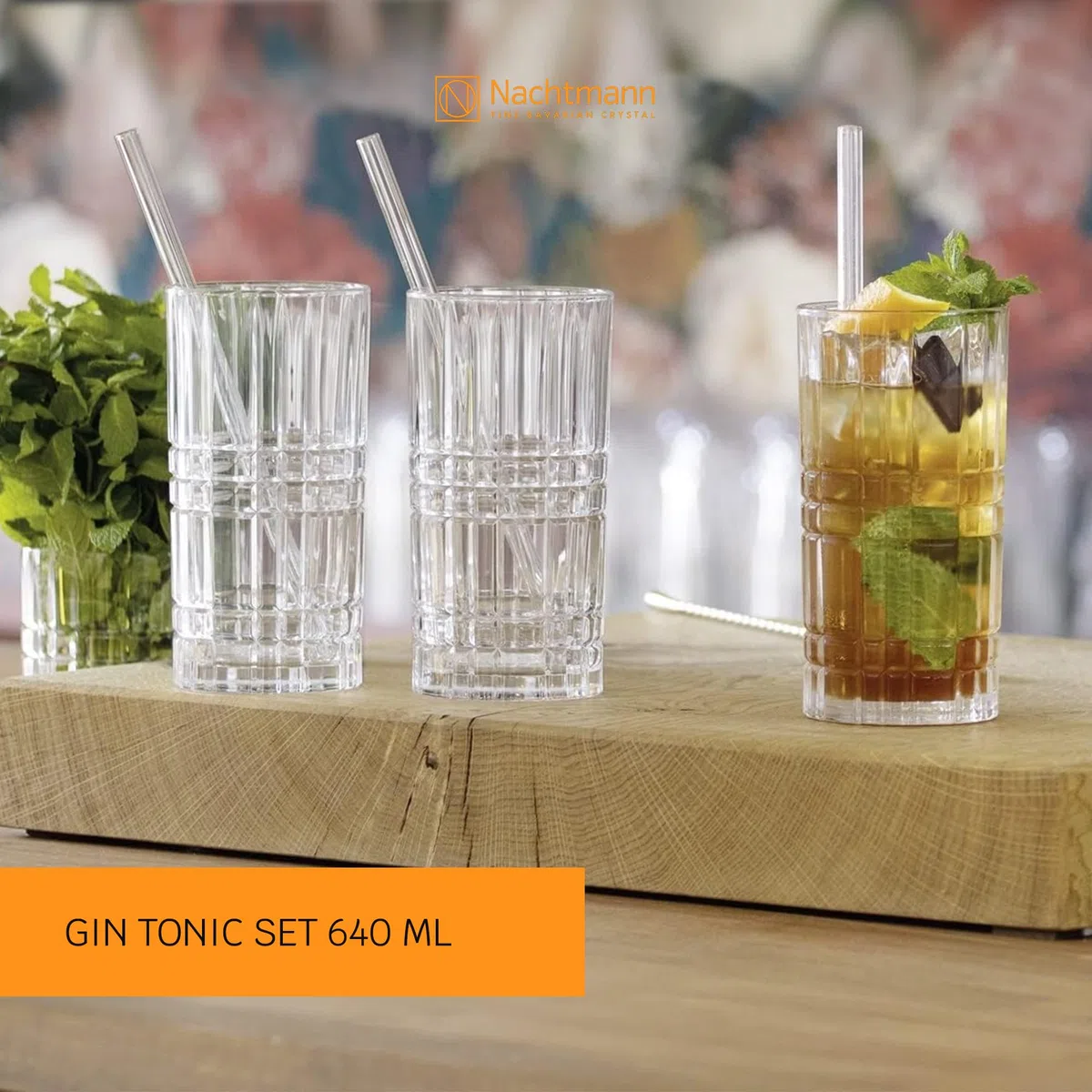 Nachtmann Bicchieri da long drink da 445 ml, 4 pezzi, con 4 cannucce di vetro e 1 spazzola per la pulizia, Tastes Good, 103144, bicchieri da cocktail in vetro di cristallo, bicchieri lavabili in