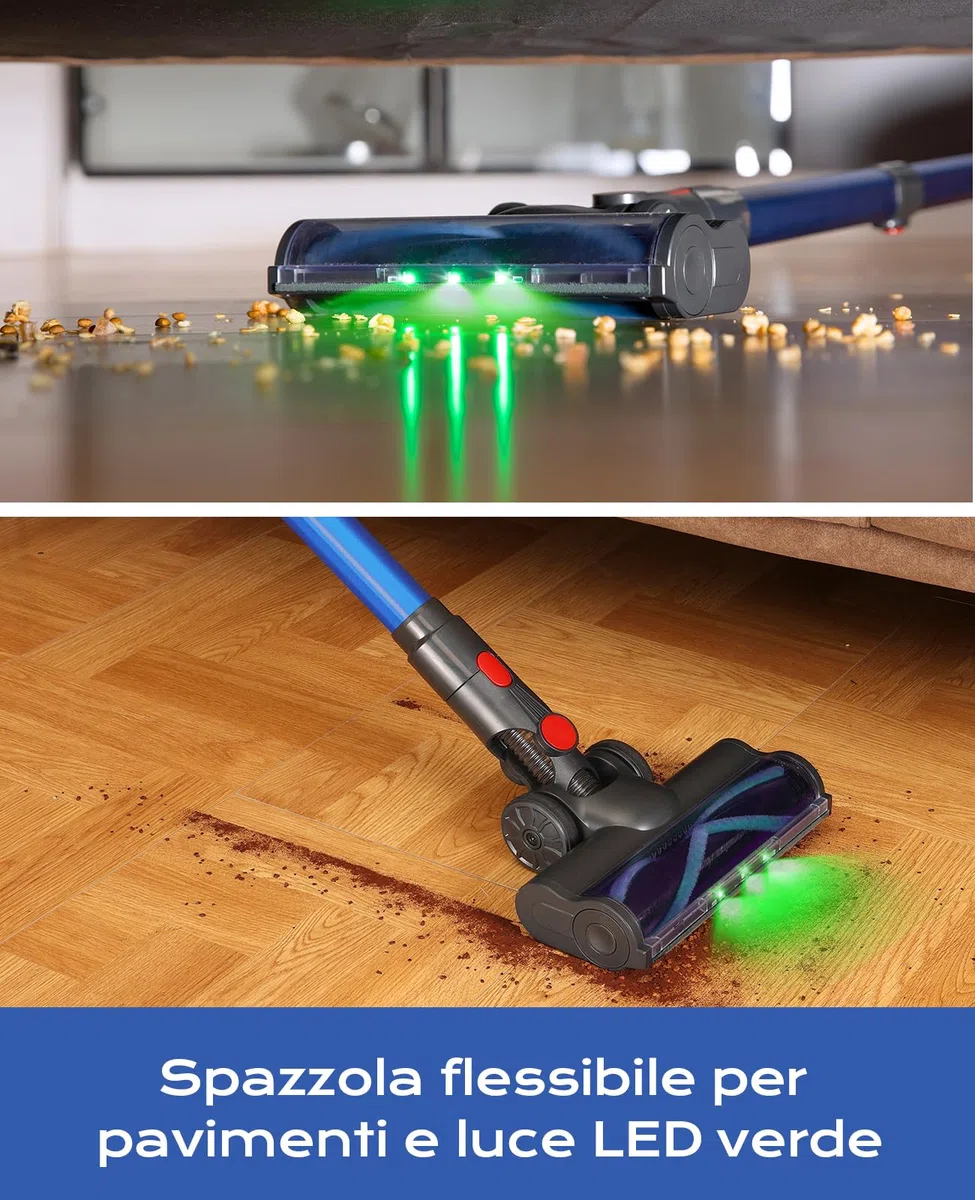 Aspirapolvere Senza Fili, 50Mins/450W/40KPA Scopa Elettrica Senza Fili, Aspirapolvere con LED Verde, Aspirapolvere Verticale con Batteria Rimovibile per Tappeti/Peli Animali, Blu