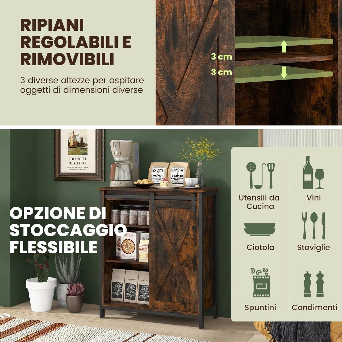 RELAX4LIFE Credenza a Buffet con Anta Scorrevole, Mobile da Cucina con 4 Ripiani Regolabili, Kit Anti-ribaltamento, Mobile Bar in Stile Rustico per Soggiorno, Sala da Pranzo e Ingresso