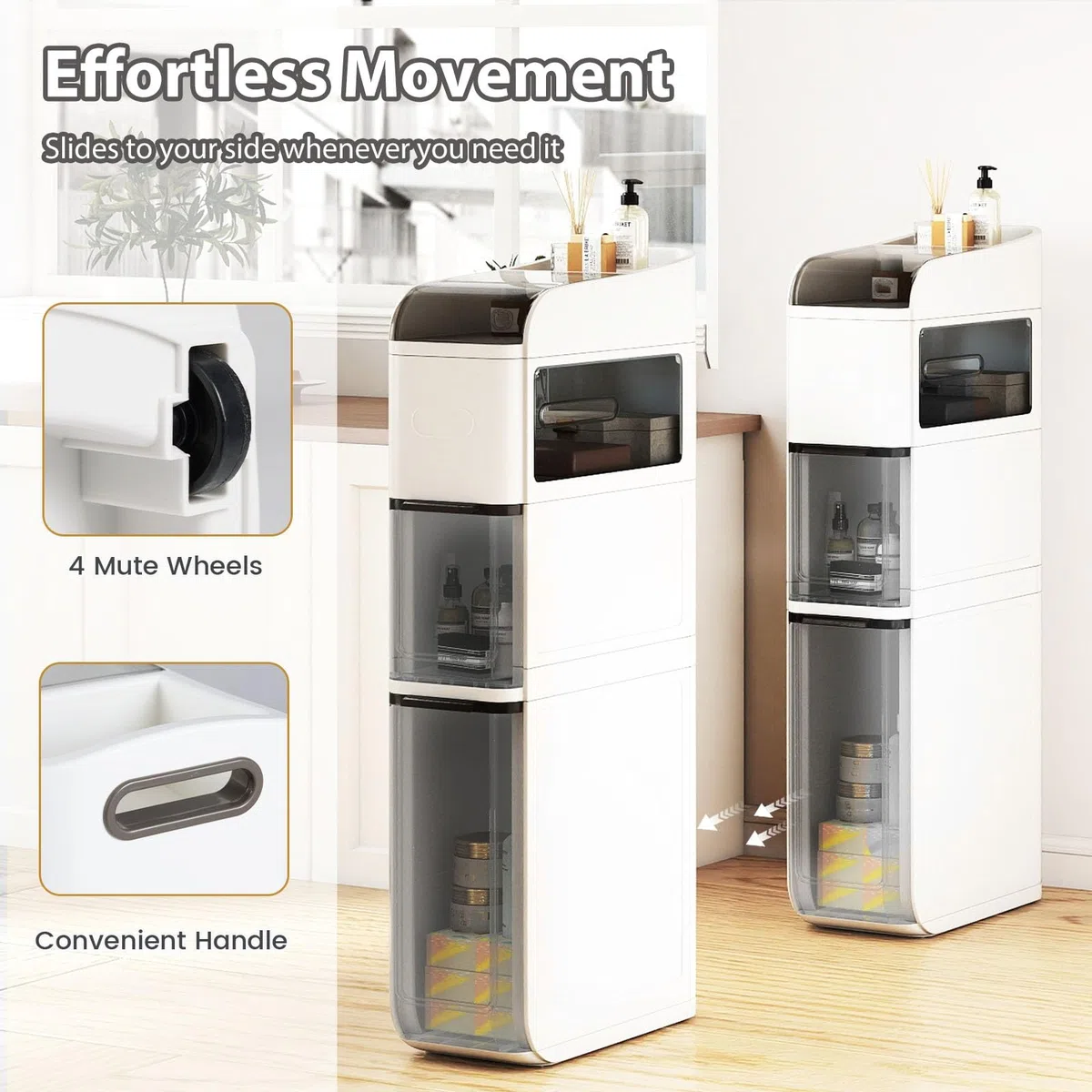 LIFEZEAL Carrellino Bagno Salvaspazio, Stretto, 18x43x88cm, Armadietto, Mobiletto Bagno con Ruote, con 2 Cassetti, Porta Carta Igienica, Piano Portaoggetti, Moderno, Cassettiera in Plastica (bianco)