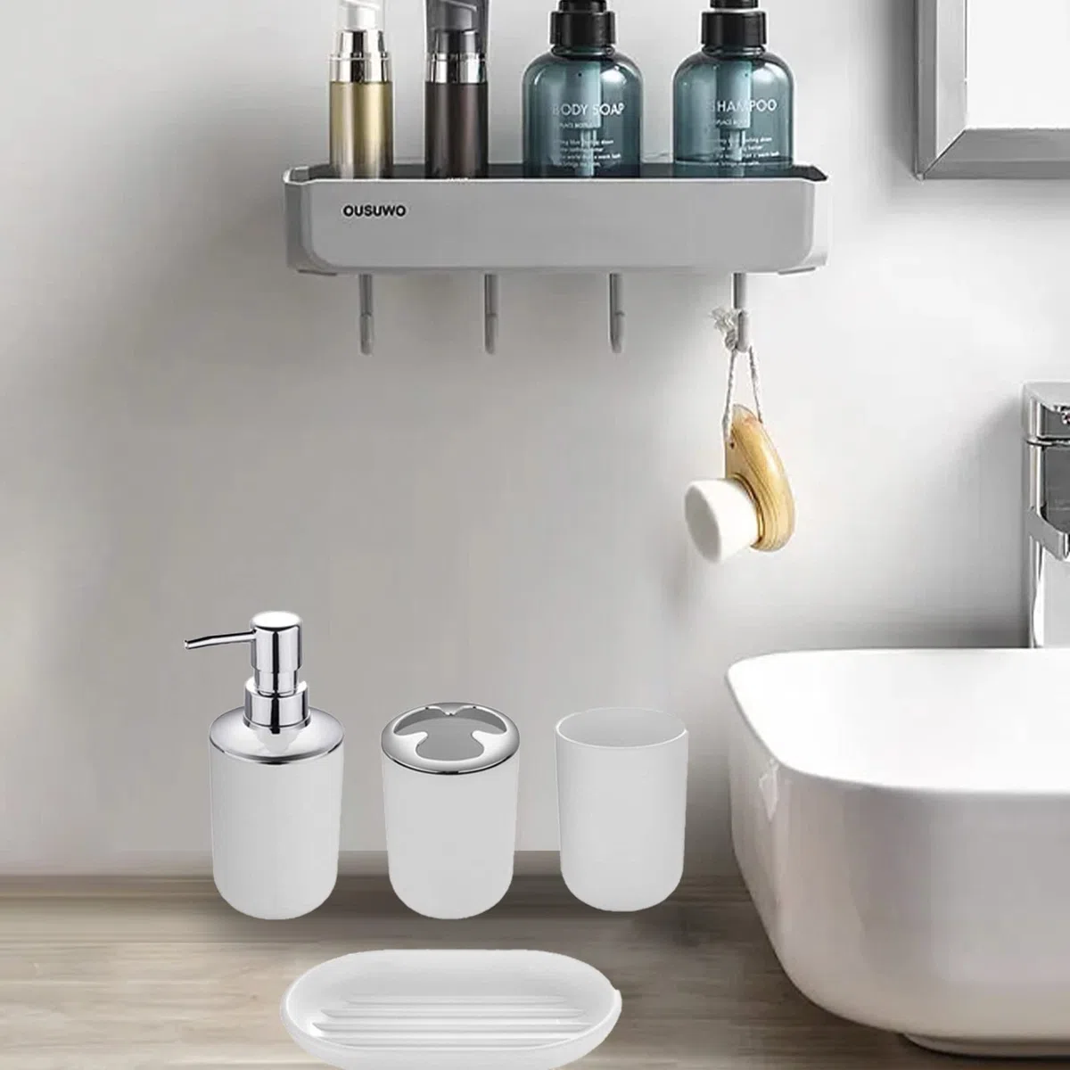 Set di 4 accessori da bagno con dispenser per sapone, tazza da bagno, portasapone, portaspazzolino e dentifricio (bianco)