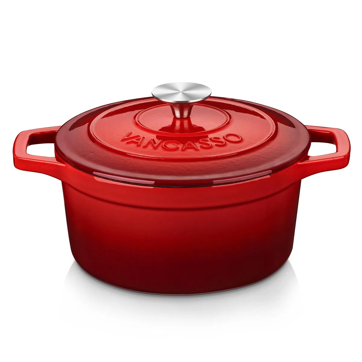 Vancasso - Pentola in ghisa per il pane per 2-4 persone, diametro 22 cm, smaltata, casseruola, per arrosto/stufato/cucinare, rotonda, rossa, 3 L