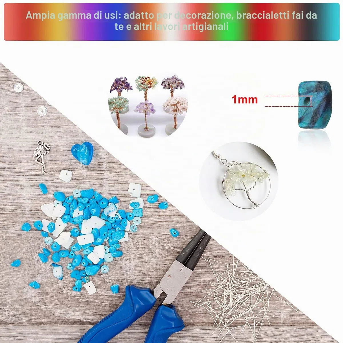 SWAWIS Set di 24 pietre preziose con foro, 4 – 8 mm, perline di pietra irregolari, pietre preziose, per il fai da te, con perline distanziatrici, anelli di piegatura