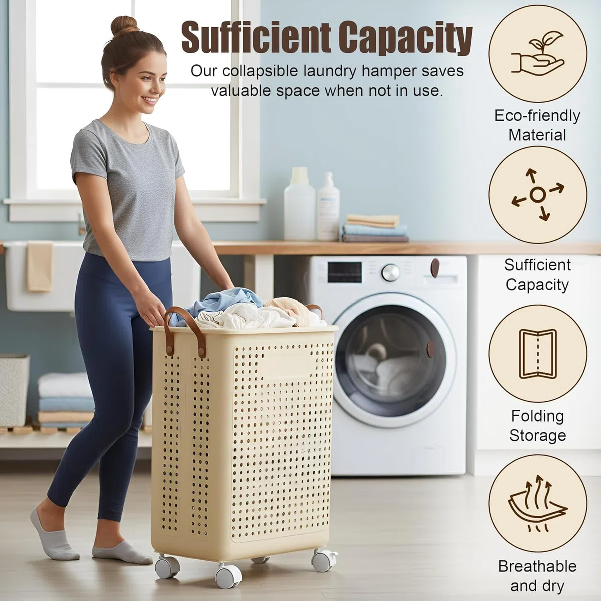 55L Foldable Laundry Basket with Wheels - Slim Rolling Laundry Hampers for Dorm, Apartments - Portable Clothes Organizer Storage Basket with Handles - Collapsible Storage Bins for Clothes, Toys