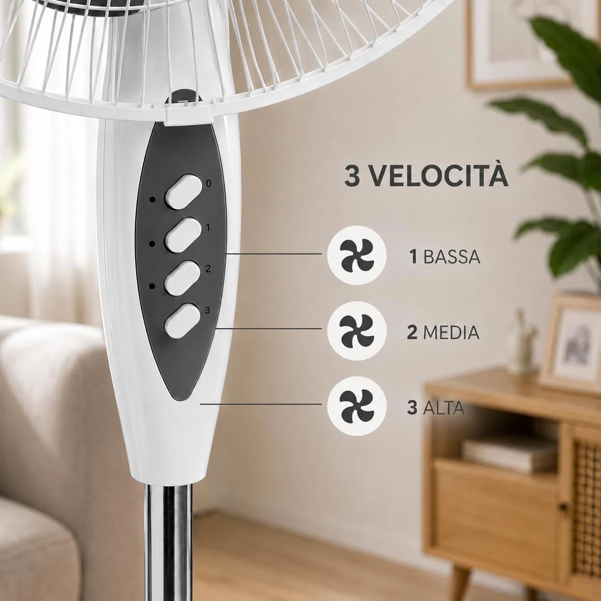Ventilatore a Piantana Ø 40 cm BIANCO - FACILE MONTAGGIO - 50 W - 3 Velocità - STABILE e SILENZIOSO - Oscillazione Orizzontale - Altezza Regolabile 103-130 cm - Testa Inclinabile - Base a Croce