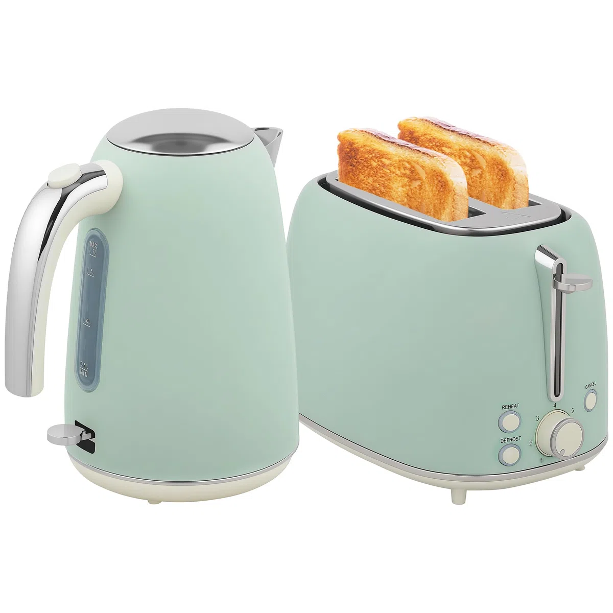 HOMCOM Set di bollitore e tostapane in acciaio inox 2200 W e 1,7 L, tostapane 2 fette, 7 livelli di brunitura, riscaldamento rapido, termostato Strix, filtro anticalcare e vassoio per briciole, verde