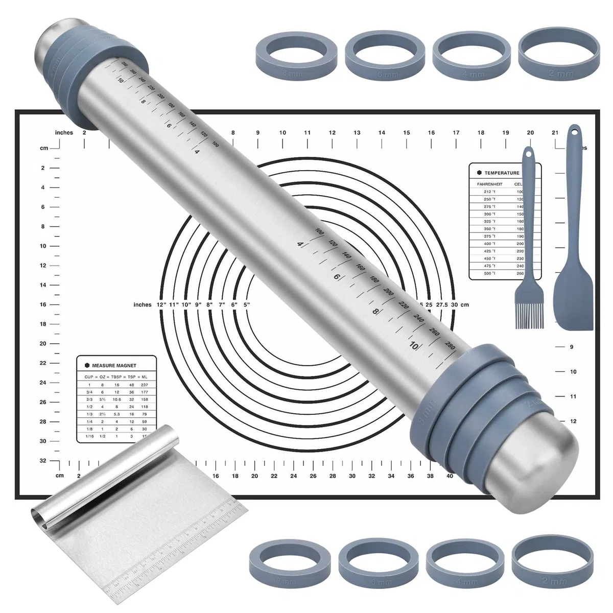 Mattarello in acciaio inox,Mattarelli Antiaderenti,Mattarello Regolabile con 8 Anelli di Spessore,con Tappetino da Forno in Silicone Pennello Olio spatola per Pasta,Pizza,Torte
