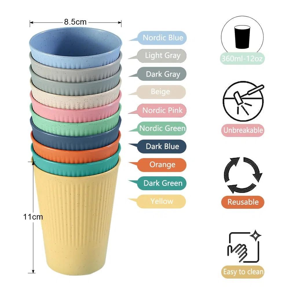 Set di 10 tazze infrangibili riutilizzabili, in plastica, per caffè, tè, acqua, birra, latte, succo, per adulti, lavabili in lavastoviglie e adatte al microonde