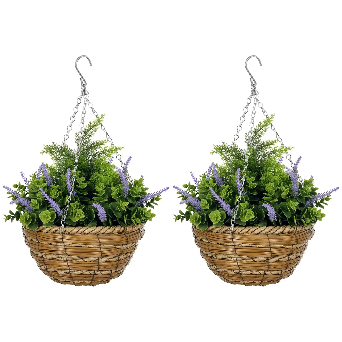 Outsunny Set 2 Piante Finte di Lavanda con Vaso e Gancio, Piante Artificiali in PE e Vimini, Ø25x34 cm, Verde e Viola