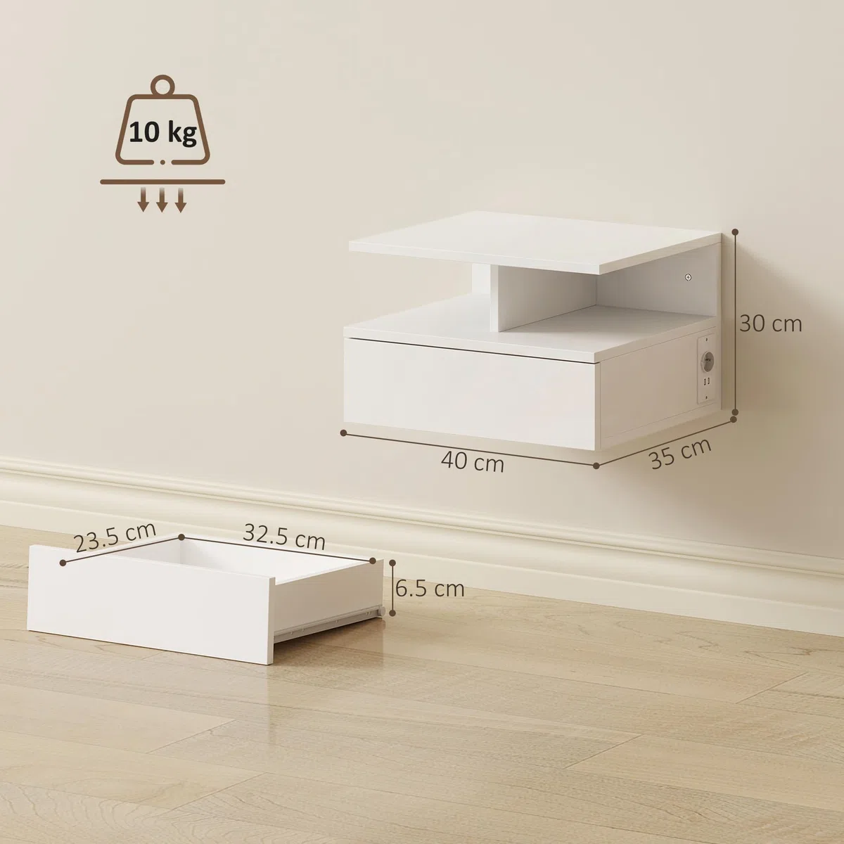 HOMCOM Set di 2 Comodini Camera da Letto Sospesi con Stazione di Ricarica, Coppia di Comodino Salvaspazio Moderno con Cassetto e Scomparto Aperto, Tavolini per Camera da Letto, 40x35x30 cm, Bianco