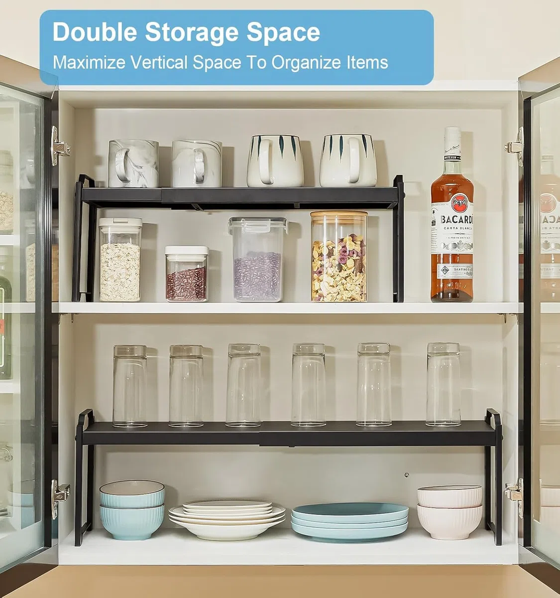 Ripiano Salvaspazio Cucina Espandibile, Organizer Cucina con Altezza Regolabile, Portaspezie Salvaspazio Metallo, Mensole con Design Versatile per Bagno e Soggiorno Scrivania (Nero)