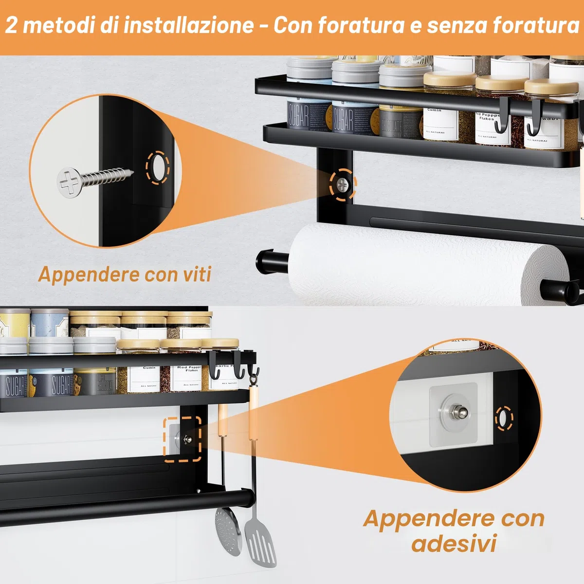 Porta Spezie per Cucina con Porta Rotolo da Cucina e 4 Ganci –Portaspezie da Parete Senza Forature per Organizzare e Risparmiare Spazio in Cucina