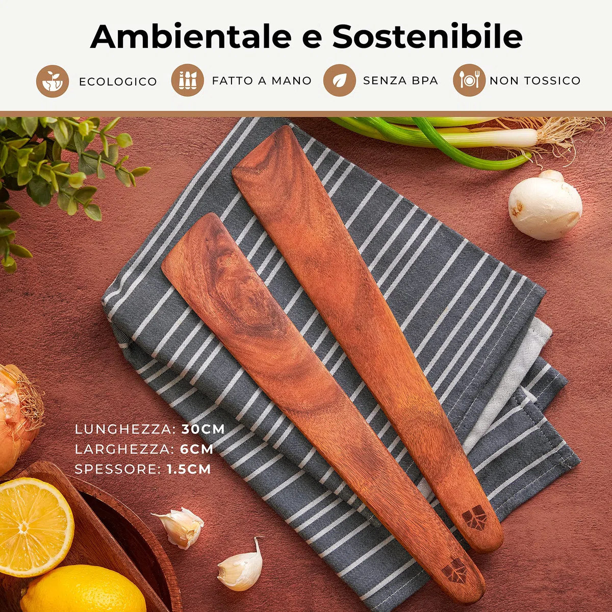 Set Utensili Cucina Legno, Spatole da Cucina, Attrezzi Multiuso per Girare, Spalmare e Raschiare Alimenti, Antigraffio, Ideali per Ghisa, 2 pezzi