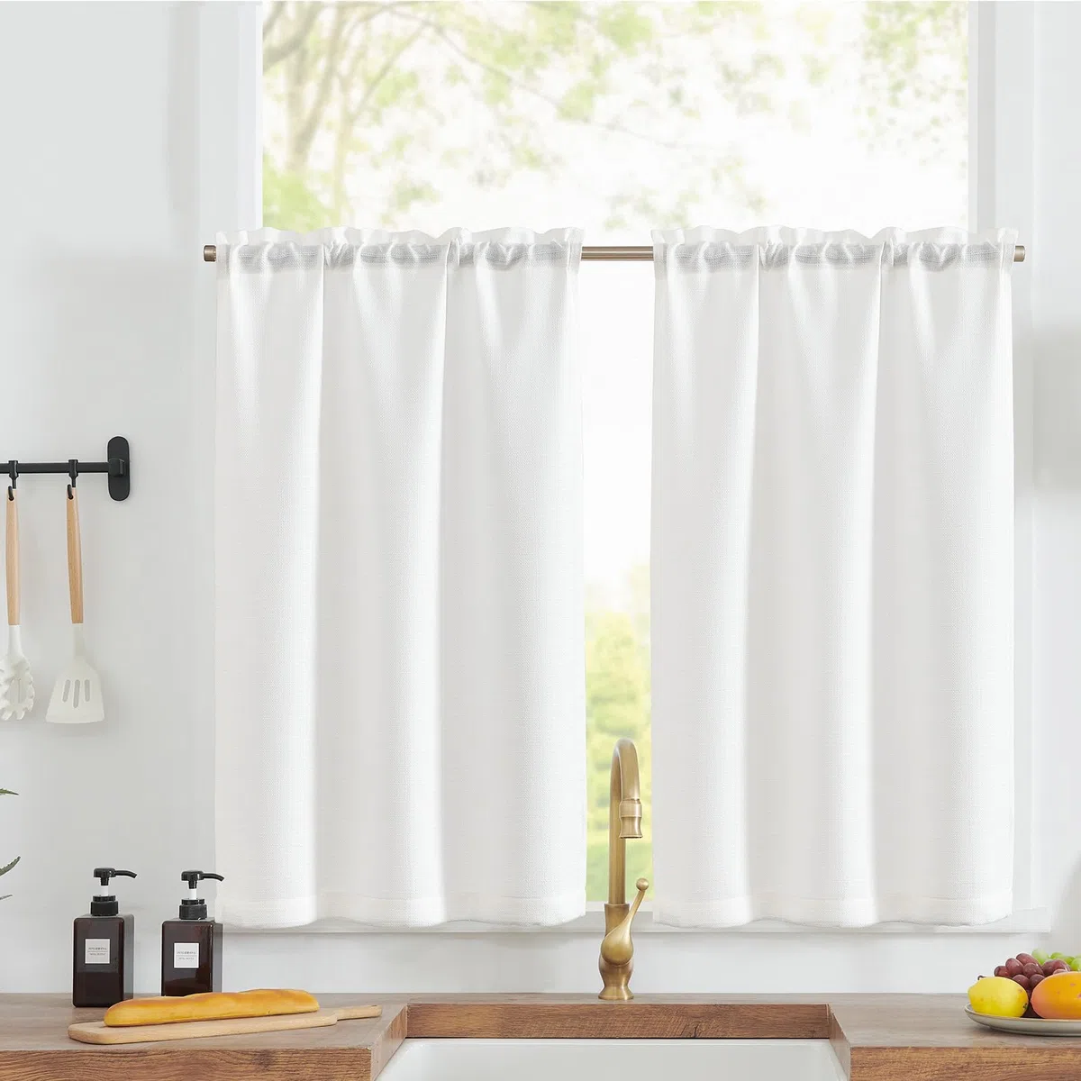 TOPICK Tende Passante tenda da bistrot porta finestra balcone stile country roulotte 2 pezzi corte Filtro della luce rustiche soggiorno doccia tenda per interni 90L x 90A cm, Bianco