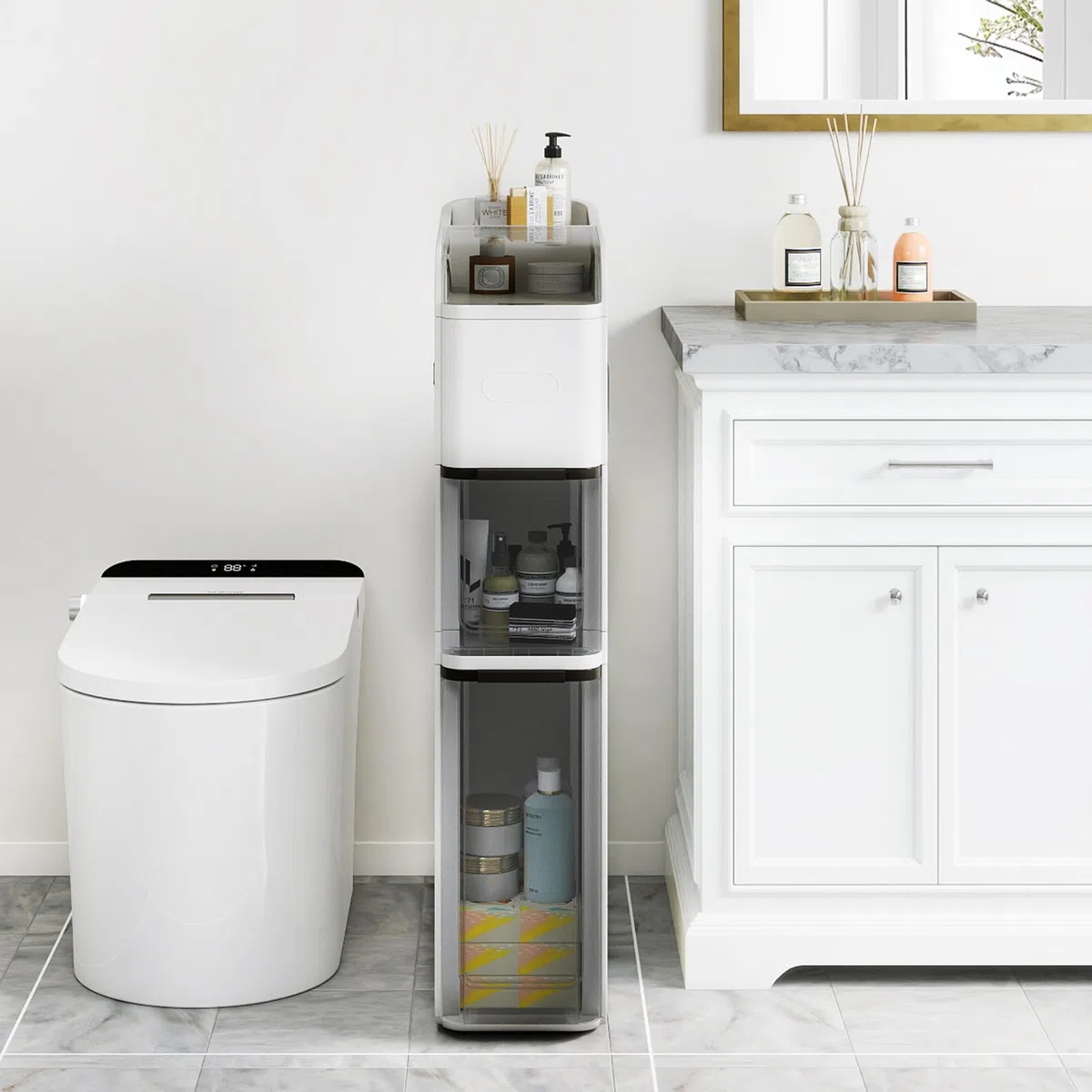 LIFEZEAL Carrellino Bagno Salvaspazio, Stretto, 18x43x88cm, Armadietto, Mobiletto Bagno con Ruote, con 2 Cassetti, Porta Carta Igienica, Piano Portaoggetti, Moderno, Cassettiera in Plastica (bianco)