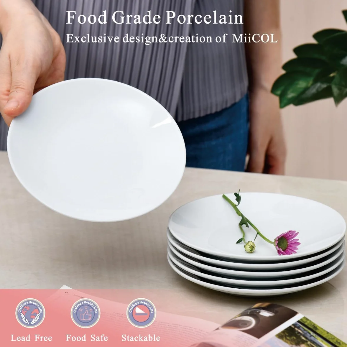 Miicol Piattini da dessert, Piattini per torta in ceramica da 15 cm, Piatti per colazione bianchi, Mini piatti di porcellana, Per servire torta, pane, insalata, snack, Set di 6 pezzi