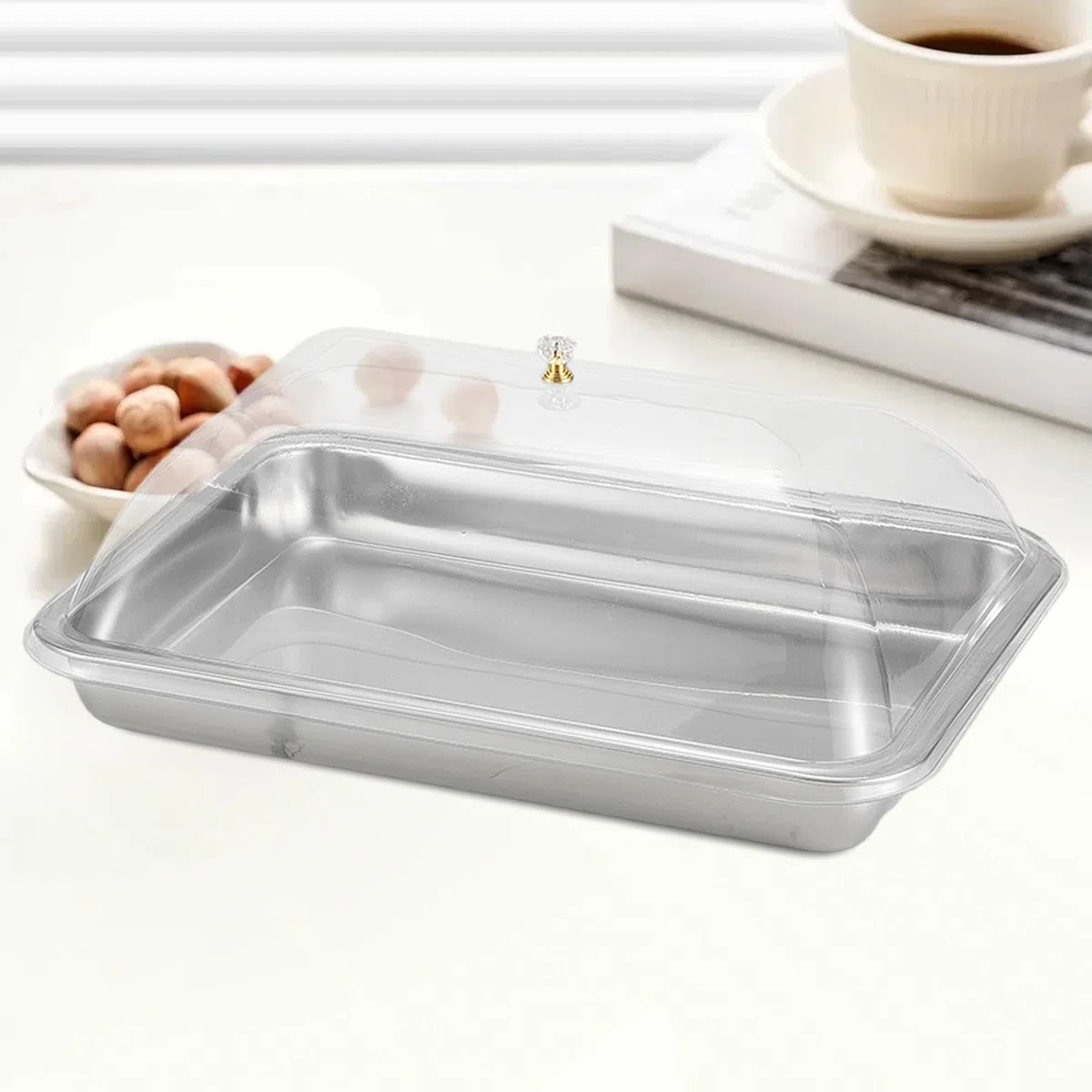 Baoblaze Vassoio da portata in acciaio inossidabile con coperchio a cupola, vassoio da portata rettangolare antipolvere per alimenti, per sala da pranzo, 40x30x5 Cm