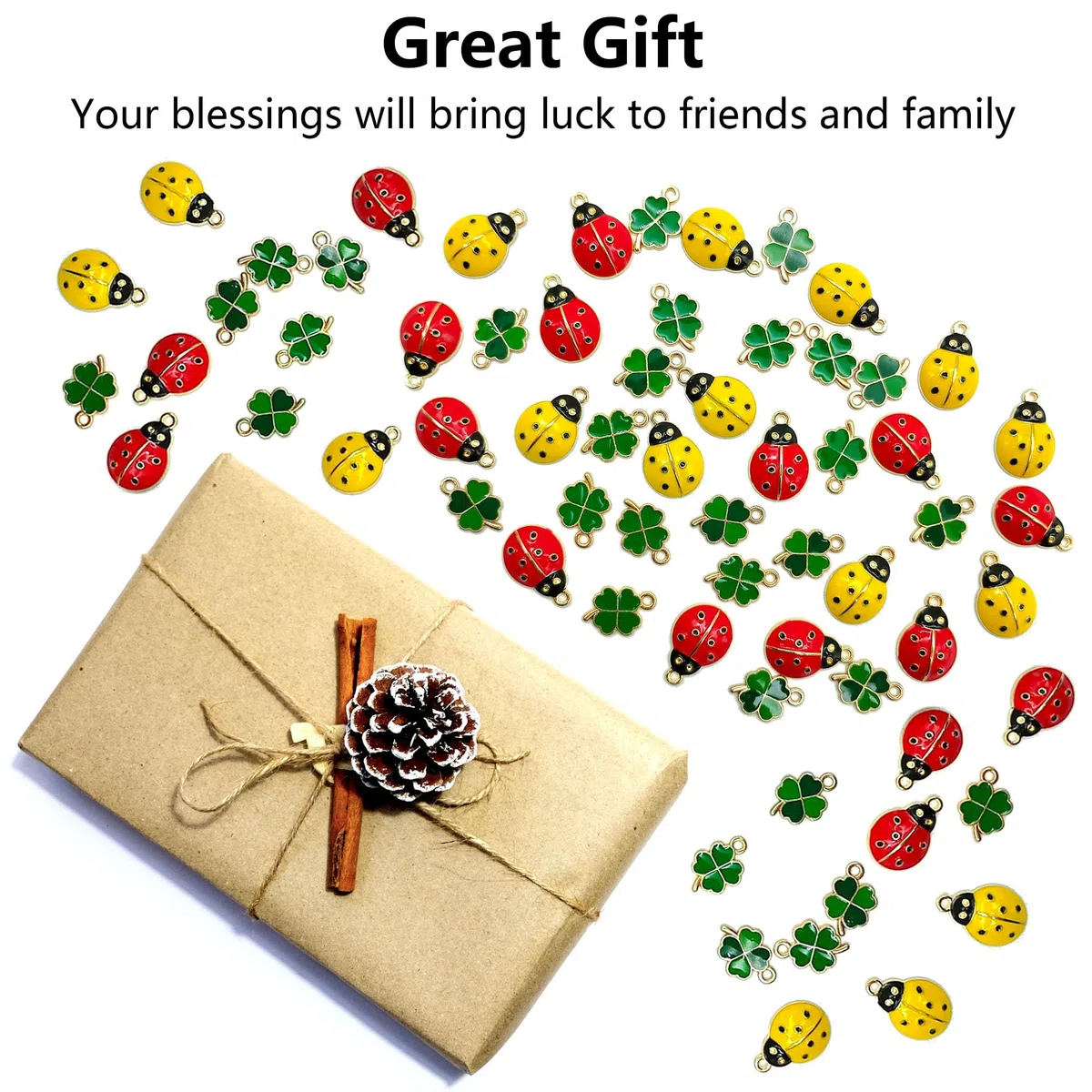 40 Pcs Ciondolo Coccinella Shamrock Metallo Fascino Portafortuna a Quattro Foglie Portachiavi Erba Fortunato Accessori Mini Ornamenti Coccinella Trifoglio Artigianato Fai Da Te