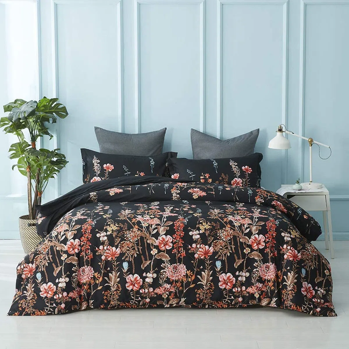 FANSU Copripiumino Matrimoniale 240x220cm - Nero Stampa Fiore Set Parure Copripiumino Matrimoniale in 100% Microfibra 3 Pezzi con 2 Federa(50x75CM) cme Chiusura a Cerniera