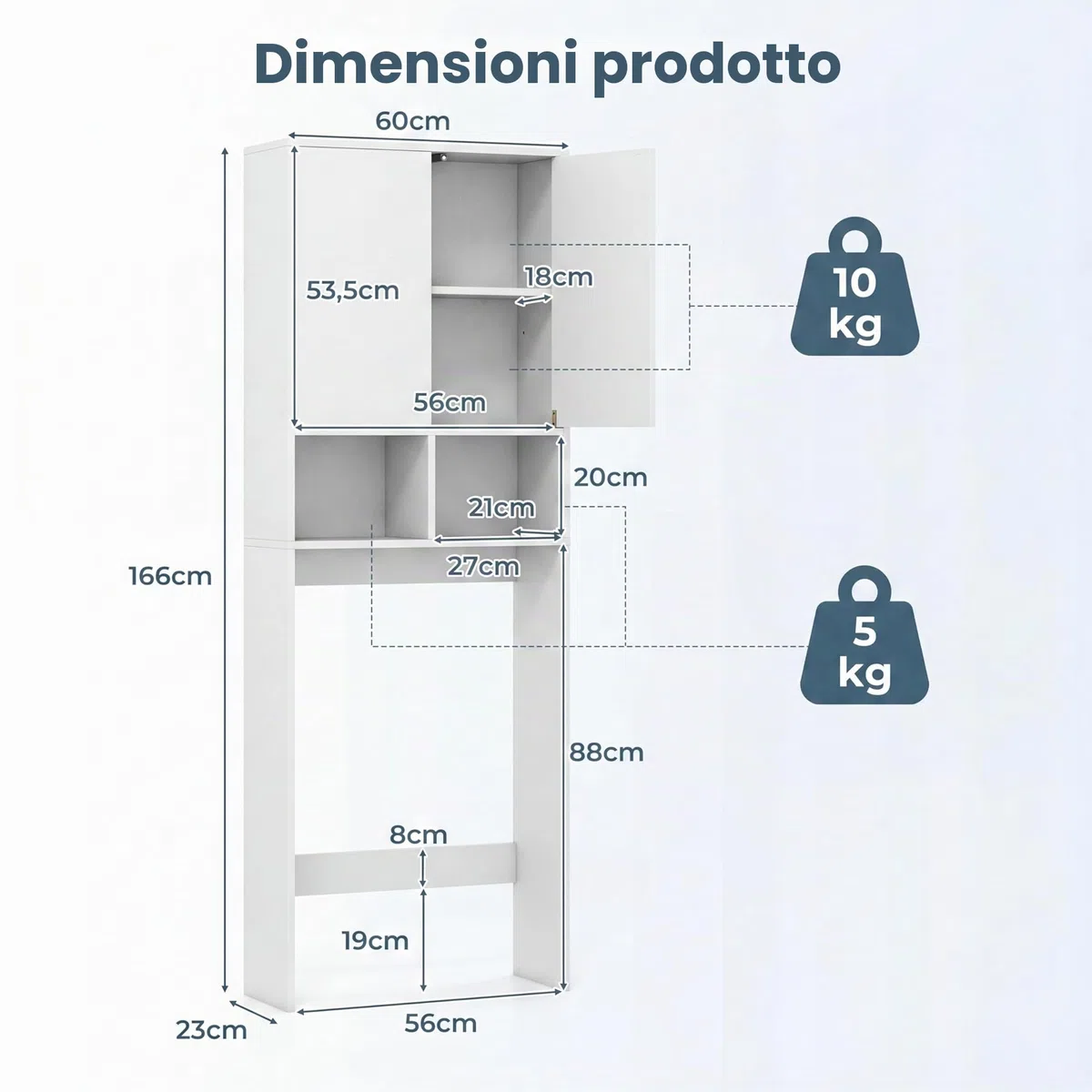 LIFEZEAL Mobile sopra Lavatrice e Asciugatrice, Armadietto Salvaspazio con 2 Ante, Ripiano Regolabile, 2 Scomparti Aperti, Mobile sopra WC, Bianco, 59 x 23 x 166 cm