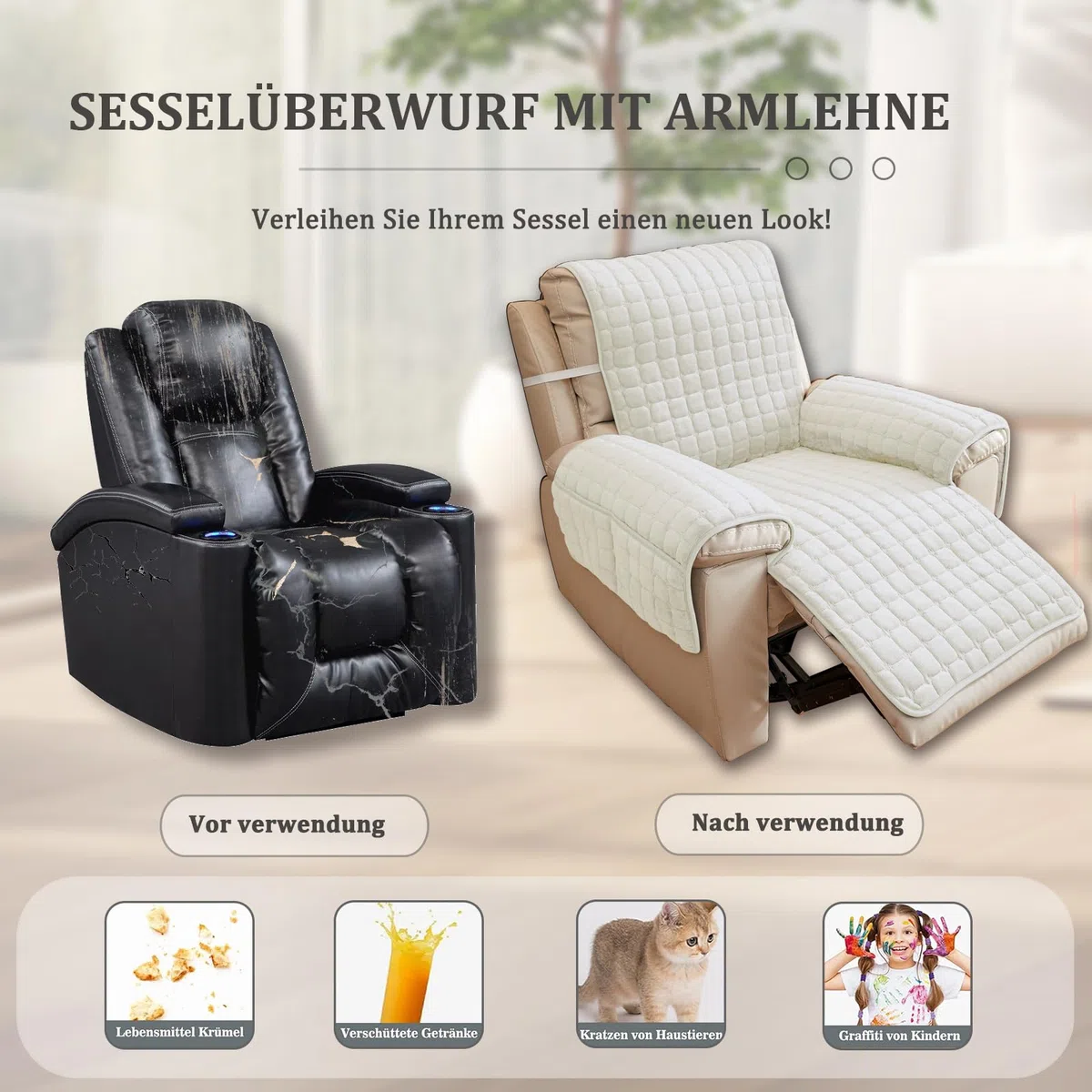 Copripoltrona 1 Posto Relax Reclinabile, Copri Poltrona con Braccioli Salvapoltrona Antiscivolo per Casa Con Bambini e Animali Domestici Cane(Bianco, 1 Posto(53 * 190cm))