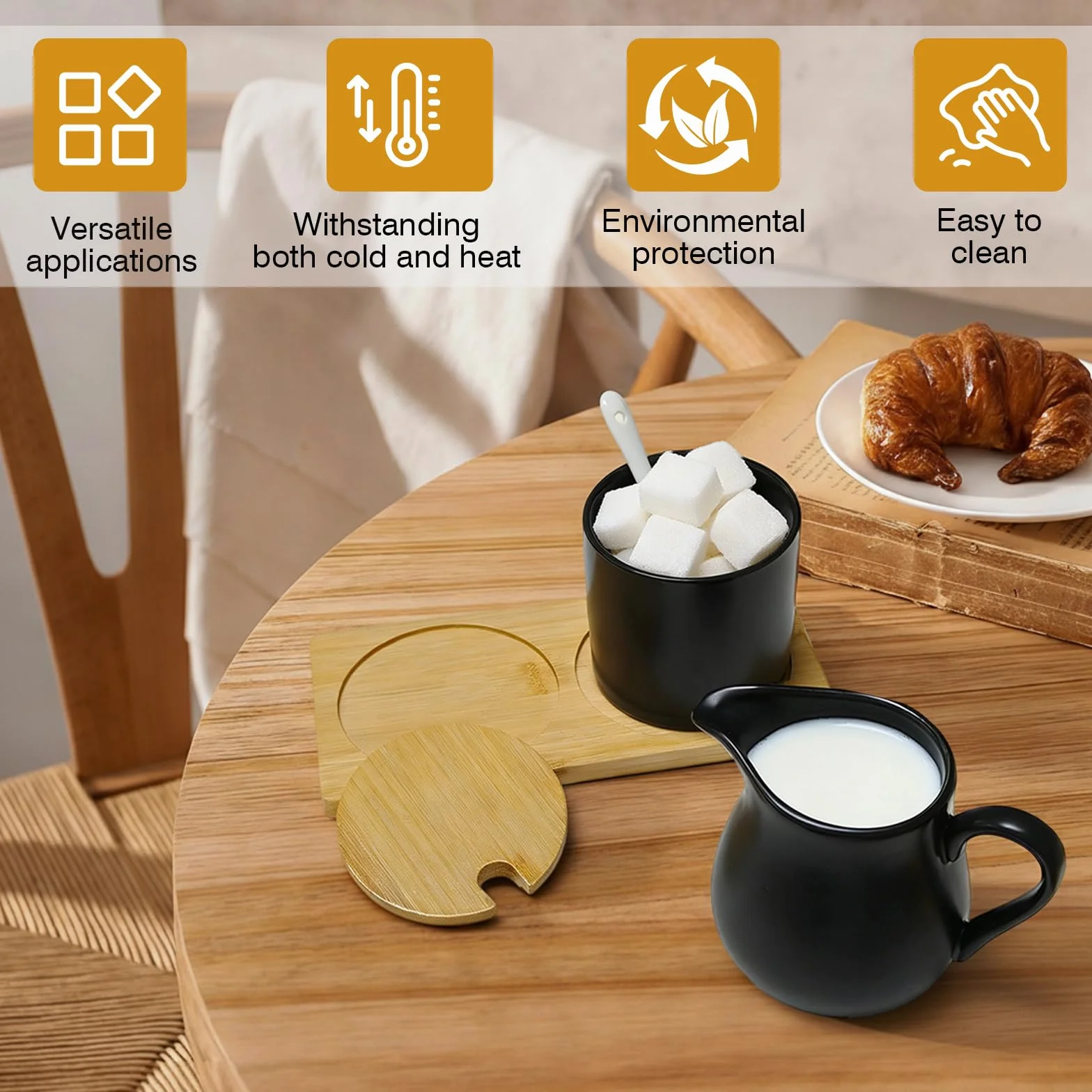 Set di latte e zucchero con coperchio e cucchiaio, bricco per latte in ceramica e zuccheriera con vassoio in legno, set per caffè, latte e latte lavabile in lavastoviglie (nero)