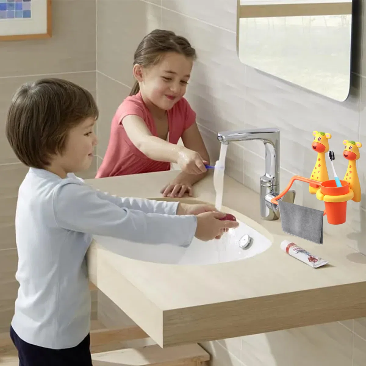 Jauhmui Set di portasciugamani per bambini, design con animali dei cartoni animati, supporto per spazzolino da denti senza forare, pulitore per neonati (giraffa)