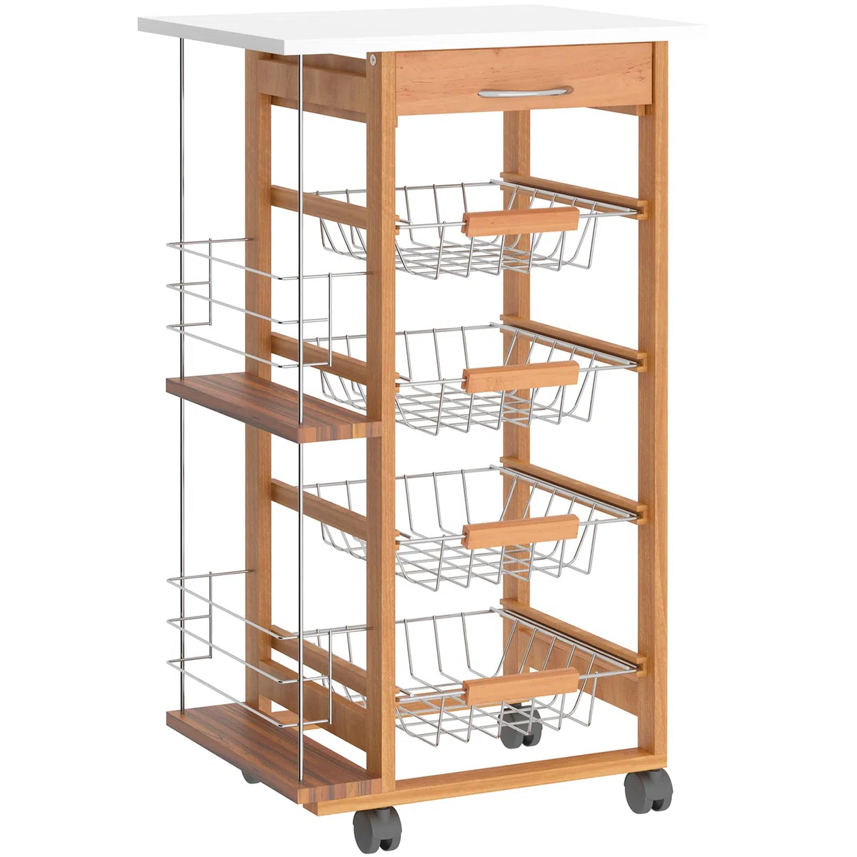 HOMCOM Carrello da Cucina Salvaspazio in Legno Marrone, Portavivande con 1 Piano di Lavoro 1 Cassetto e 4 Cestelli Metallici, 47x37x83cm