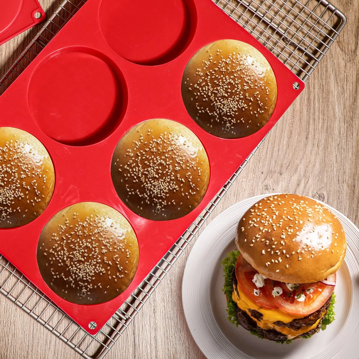 webake Brioche - Stampo in silicone per panini e hamburger, 2 pezzi, 6 cavità, 10 cm, grande stampo in resina, 33 x 22,2 x 2 cm