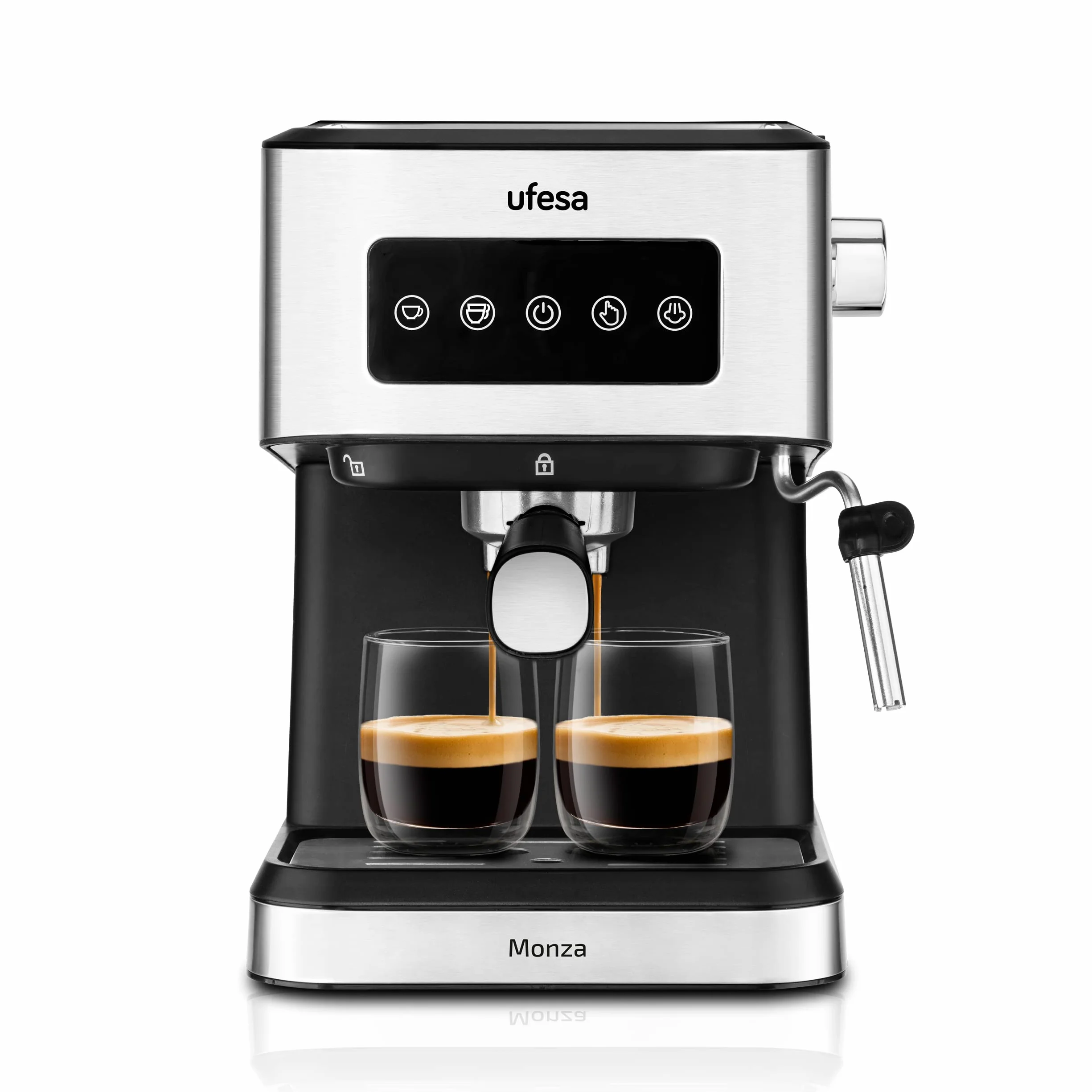 Ufesa Monza Macchina Caffè macinato e Cialde Monodose ESE, Pressione 20 BAR, Pannello Digitale Tattile, Vaporiera Regolabile, Serbatoio 1,5 L, Funzione Scaldatazze, 1050 W