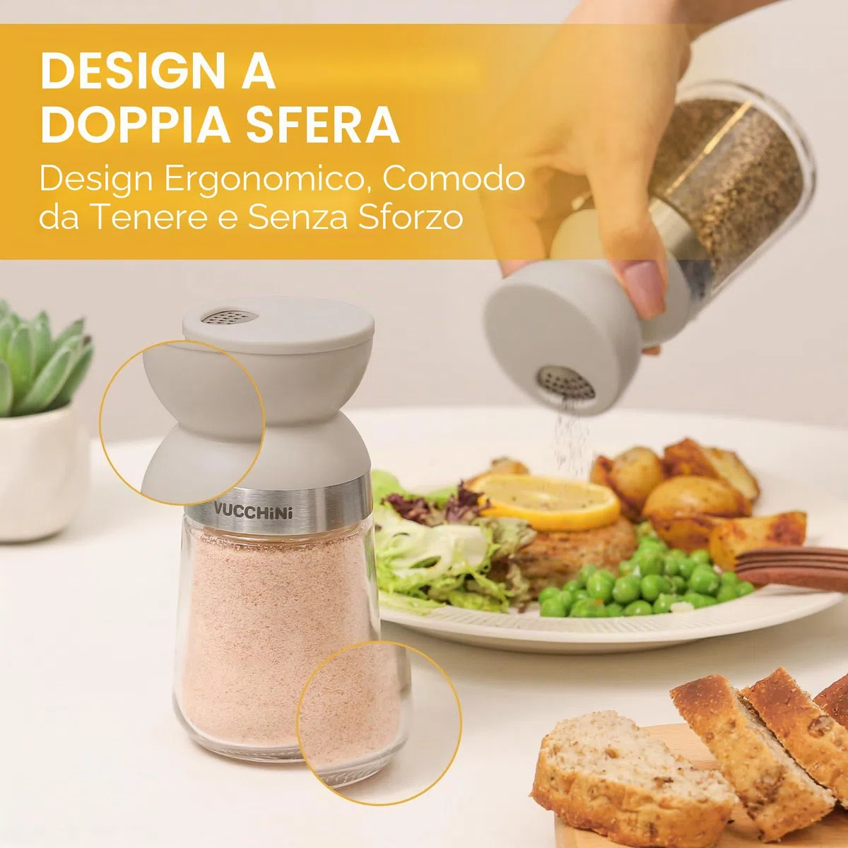 Vucchini Set di Saliera e Pepiera,3 Modalità,Completamente Rimovibile,Lavabile in Lavastoviglie,Grigio