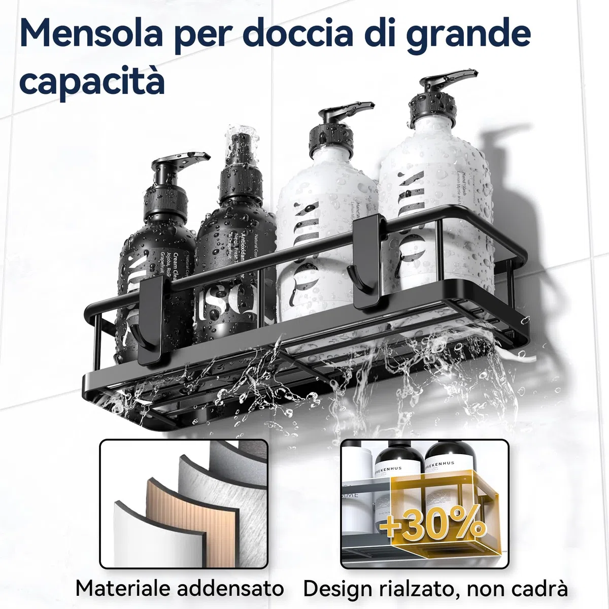 YASONIC 3 Pezzi Mensola doccia senza foratura, portaoggetti doccia con 4 ganci removibili, Organizer bagno con Portasapone doccia, Autoadesivo Mensole Bagno Organizzatore, Nero