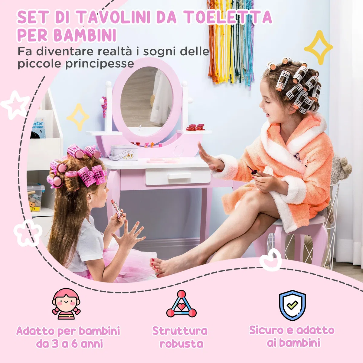 ZONEKIZ Set Toeletta Trucco per Bambini, Tavolino da Trucco con Specchi e Sgabello per Bambini, Età 3-6 Anni, Rosa
