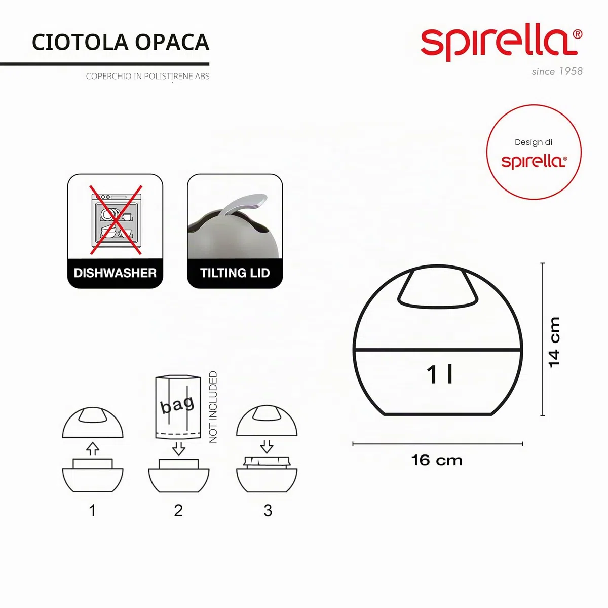 Spirella Cestino da Bagno, Contenitore per Cosmetici, 1 litro, Finitura Lucida o Opaca, con Coperchio Basculante, Cestino da Tavolo, Bianco Opaco